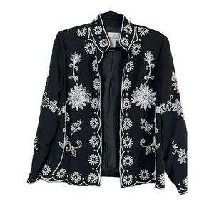 Neutral Floral Embroidery Blazer M Black Beaded Floral Retro Cottage Preppy Chic